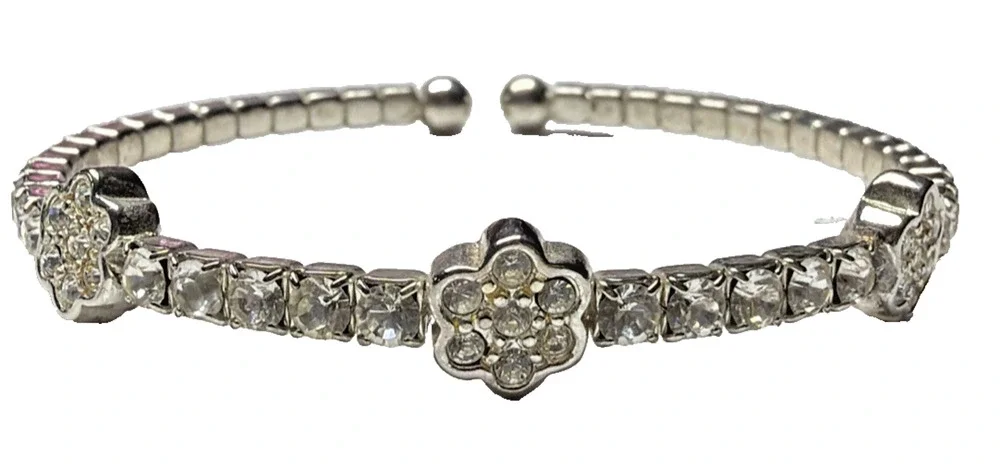 Vintage Clear Rhinestone Silver Cuff Bracelet Flower Clover